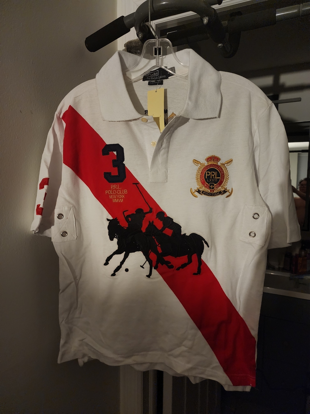 White & Red Men’s Polo Shirt with Embroidered Crest